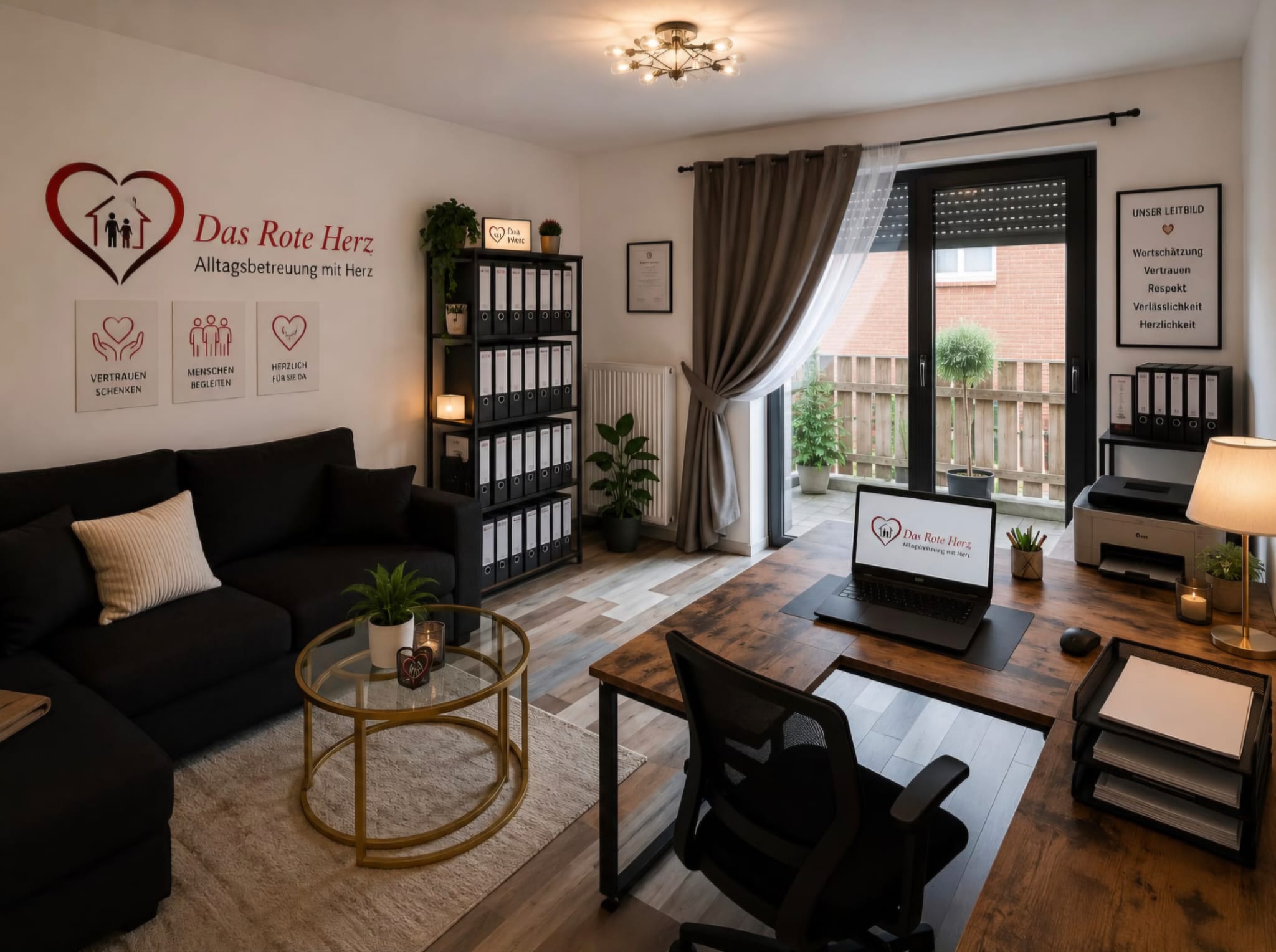 Büro von Das rote Herz Alltagsbetreuung in Marl mit Leitbild-Wand, gemütlicher Sitzecke und Arbeitsplatz